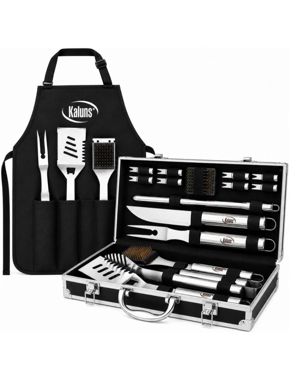 Black Stainless Steel BBQ Tool Set with Apron and Carry Case - Kaluns